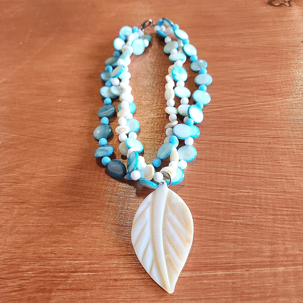 Shell And Howlite Necklace with Carved Shell Pendant